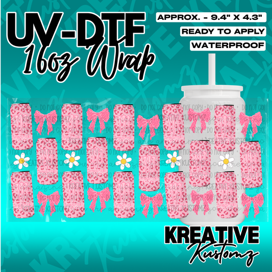 A pink leopard print UV DTF adhesive wrap featuring Monster Energy logos, bows, and daisies.
