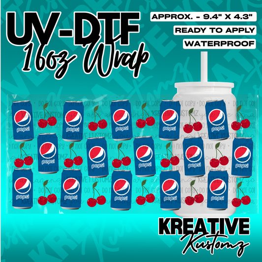 A UV DTF cup wrap featuring a repeating pattern of Pepsi cans and cherries for 16oz glass cans.