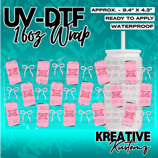 A UV DTF wrap for a 16oz glass cup featuring a pattern of pink cans with bows and Miller logos.