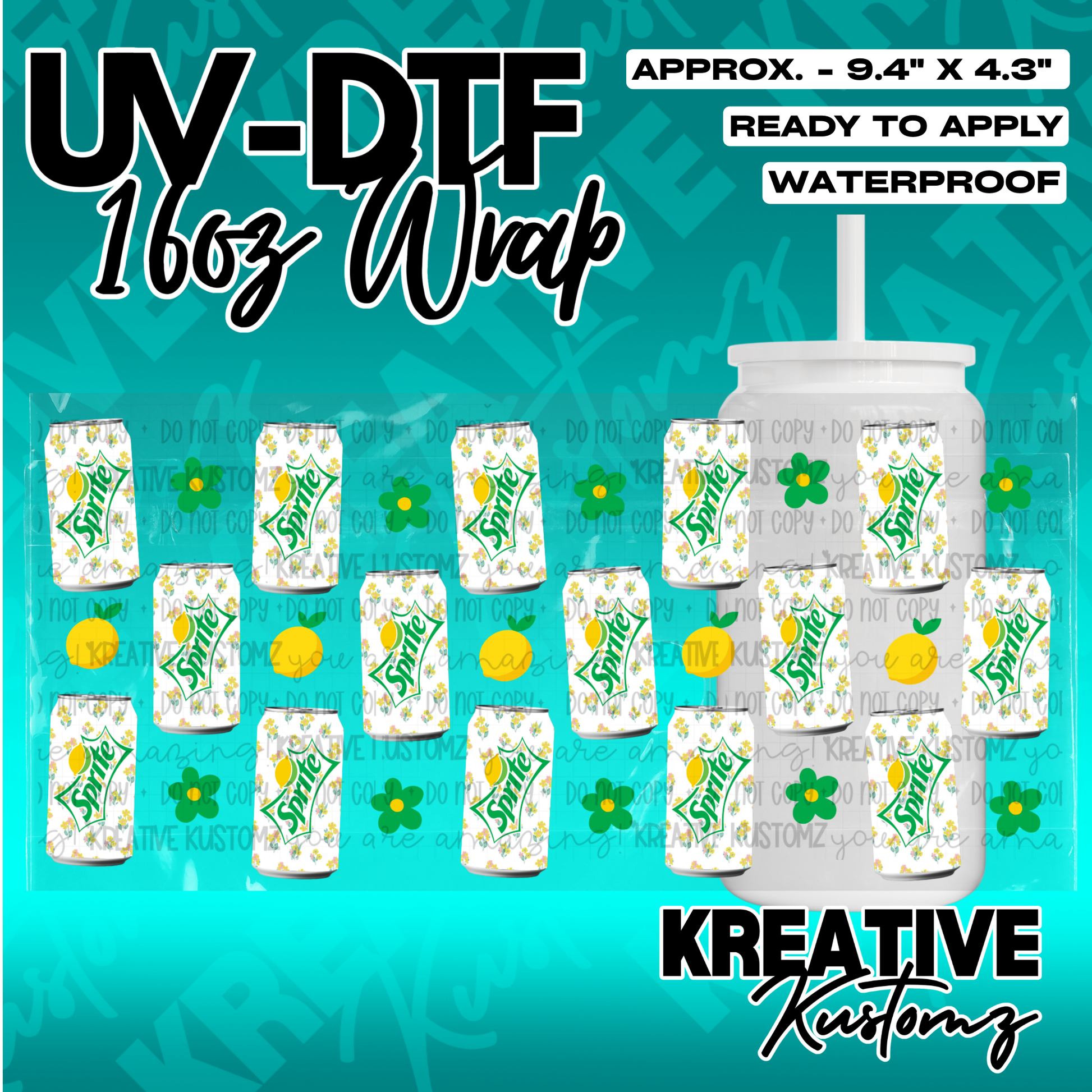 A UV DTF adhesive cup wrap featuring a repeating pattern of Sprite cans and yellow flowers.