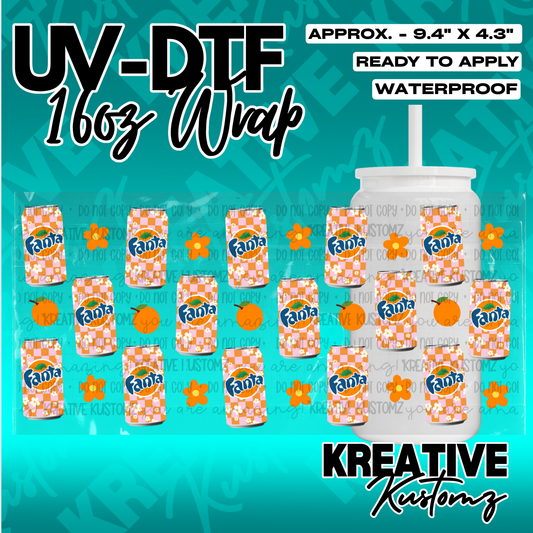 A sheet of UV DTF decals featuring a repeating orange checkered Fanta can pattern for glass cups.