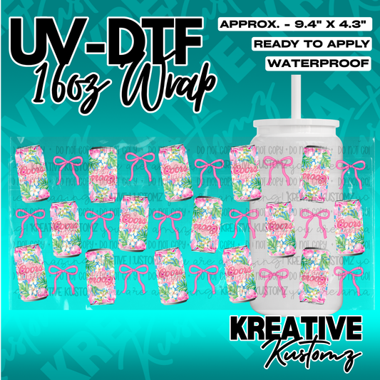 A UV DTF adhesive wrap for 16oz glass cans featuring a floral Coors Light and pink bow pattern.