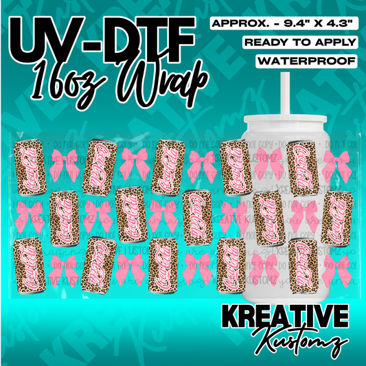 A UV DTF adhesive wrap for 16oz glass cans featuring a leopard print soda can and pink bow pattern.