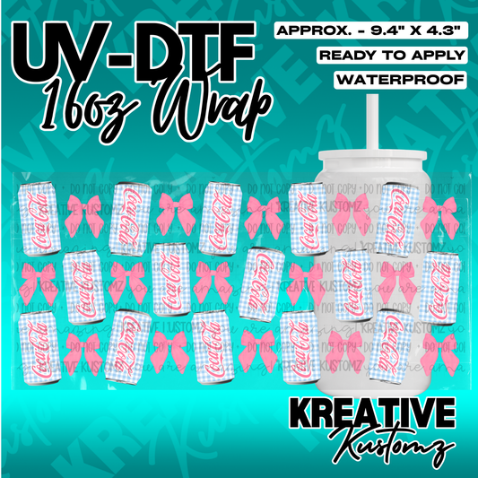 A UV DTF cup wrap featuring a pattern of blue gingham soda cans and pink bows.