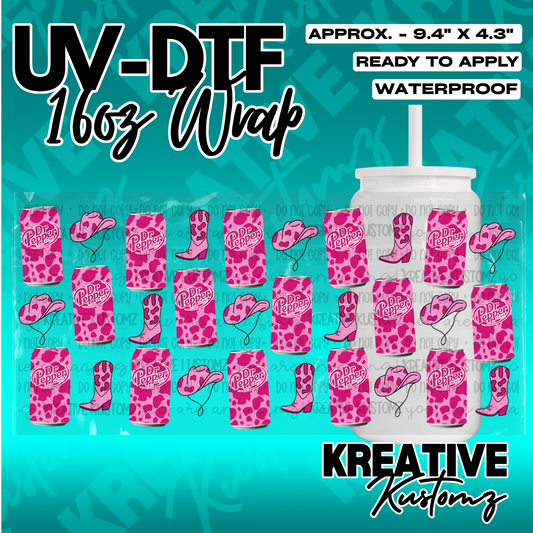A UV DTF adhesive wrap for 16oz glass cans featuring a pink Dr. Pepper and cow print pattern.