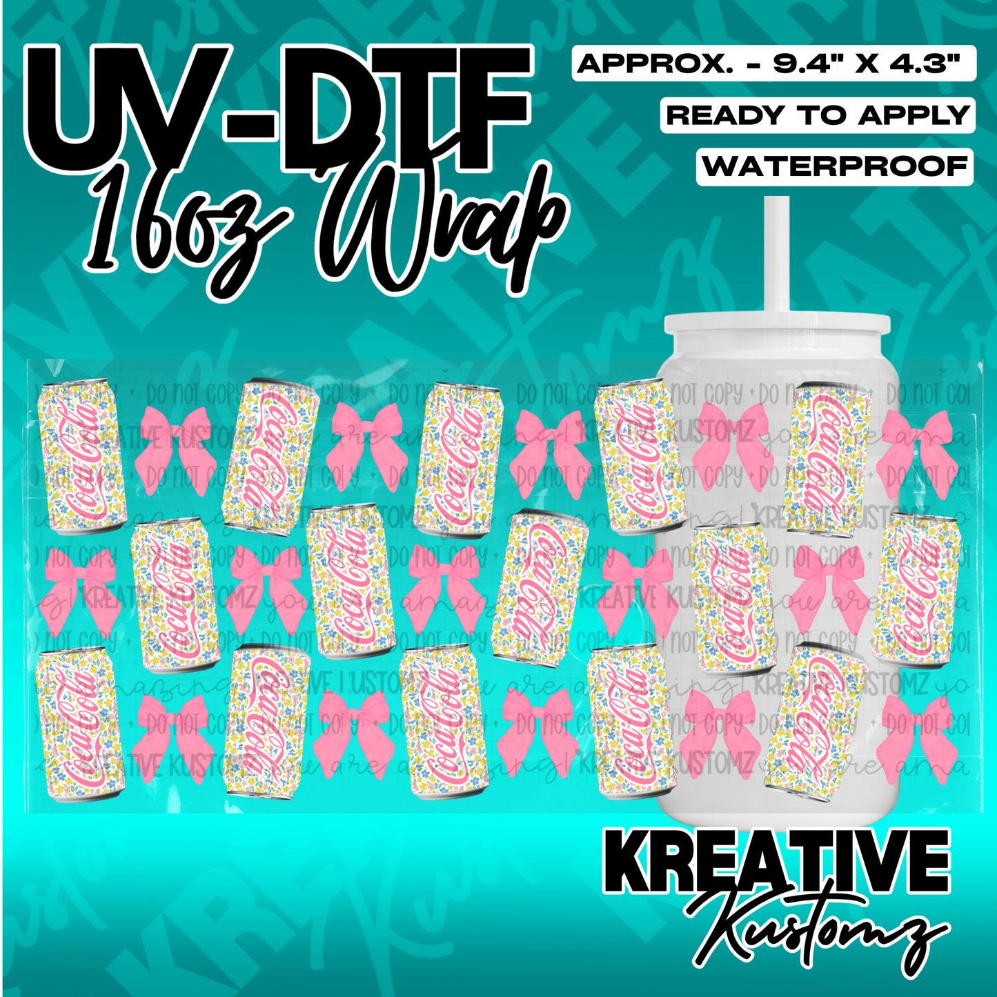A UV DTF adhesive wrap featuring a pattern of Coca-Cola cans with floral designs and pink bows.