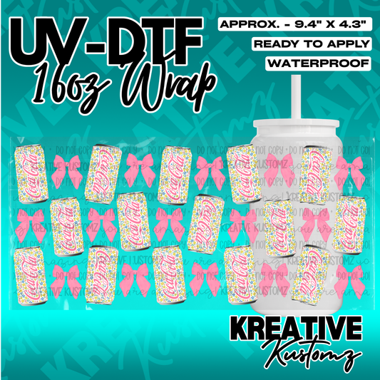 A UV DTF adhesive wrap featuring a pattern of Coca-Cola cans with floral designs and pink bows.