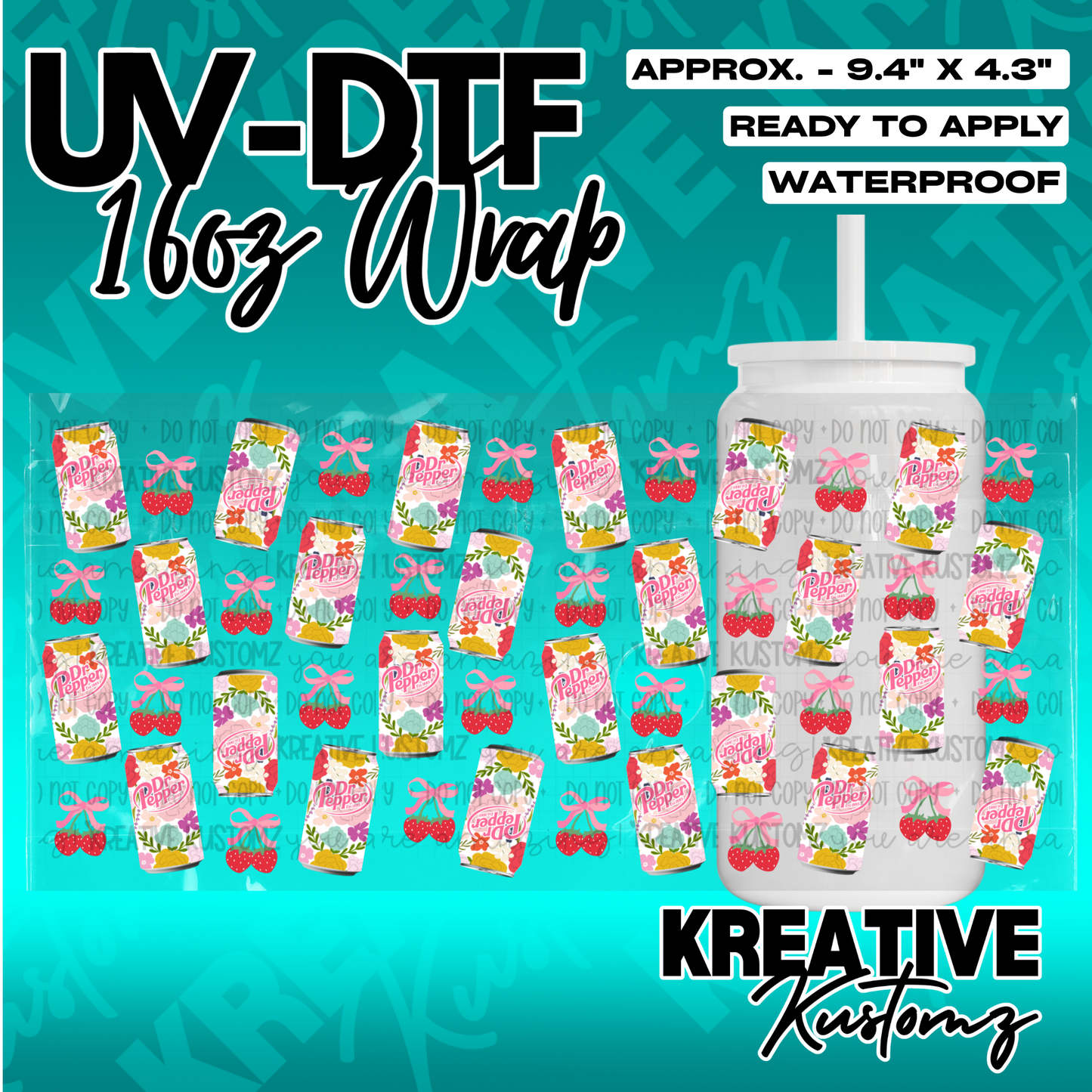 A waterproof UV DTF adhesive wrap featuring a Dr. Pepper can and strawberry pattern for 16oz cups.