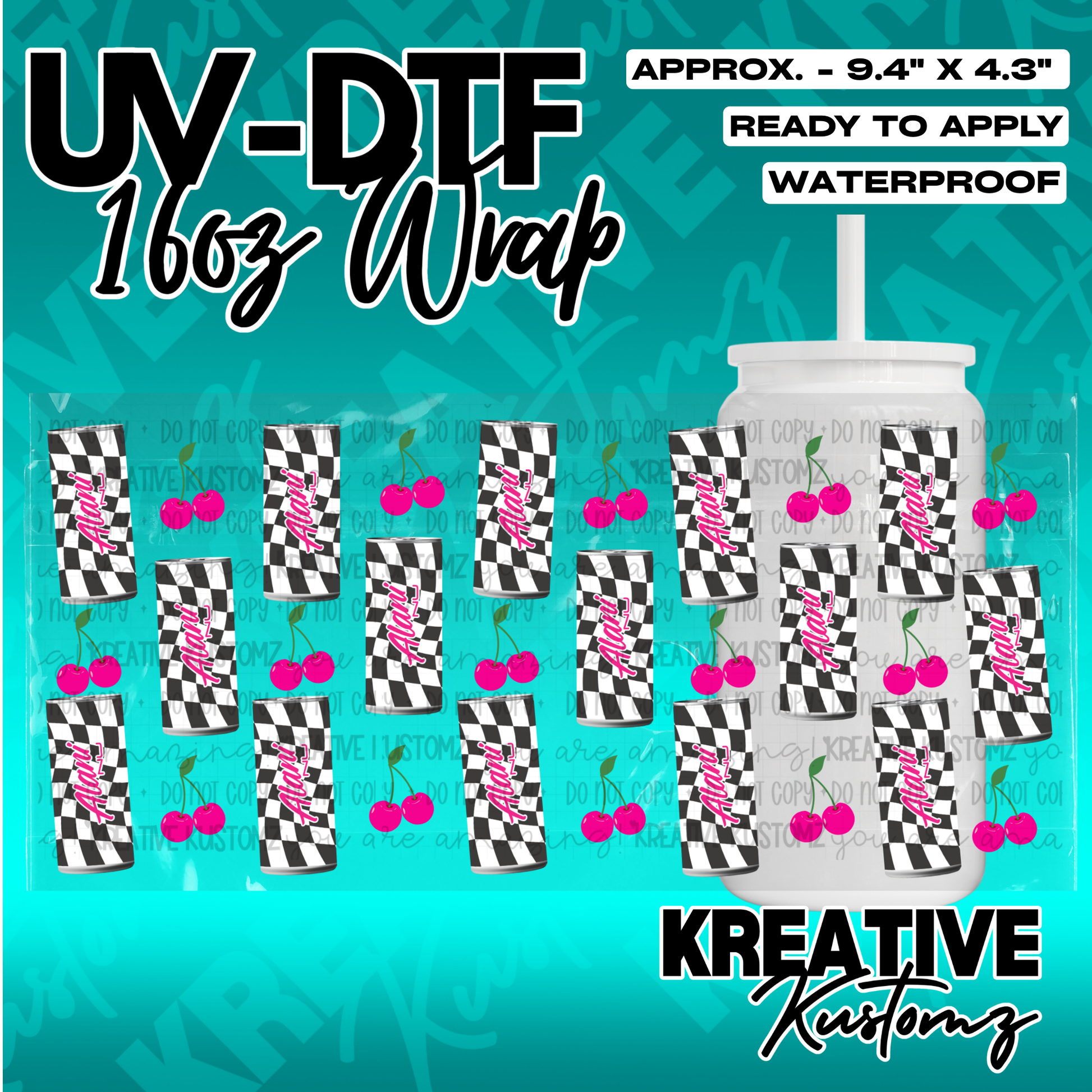 A UV DTF adhesive wrap featuring a black and white checkered pattern with pink cherry accents.