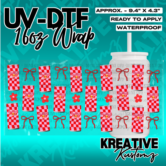 A UV DTF adhesive cup wrap featuring a red and pink checkered pattern with Red Bull logos and bows.