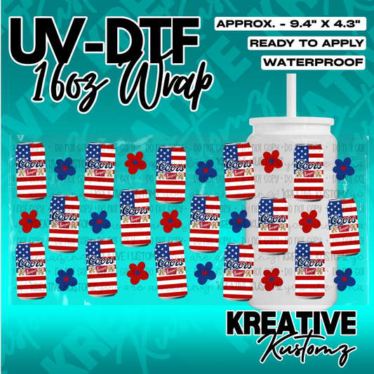 A UV DTF adhesive wrap for 16oz glass cans featuring a pattern of Coors Banquet cans and flowers.