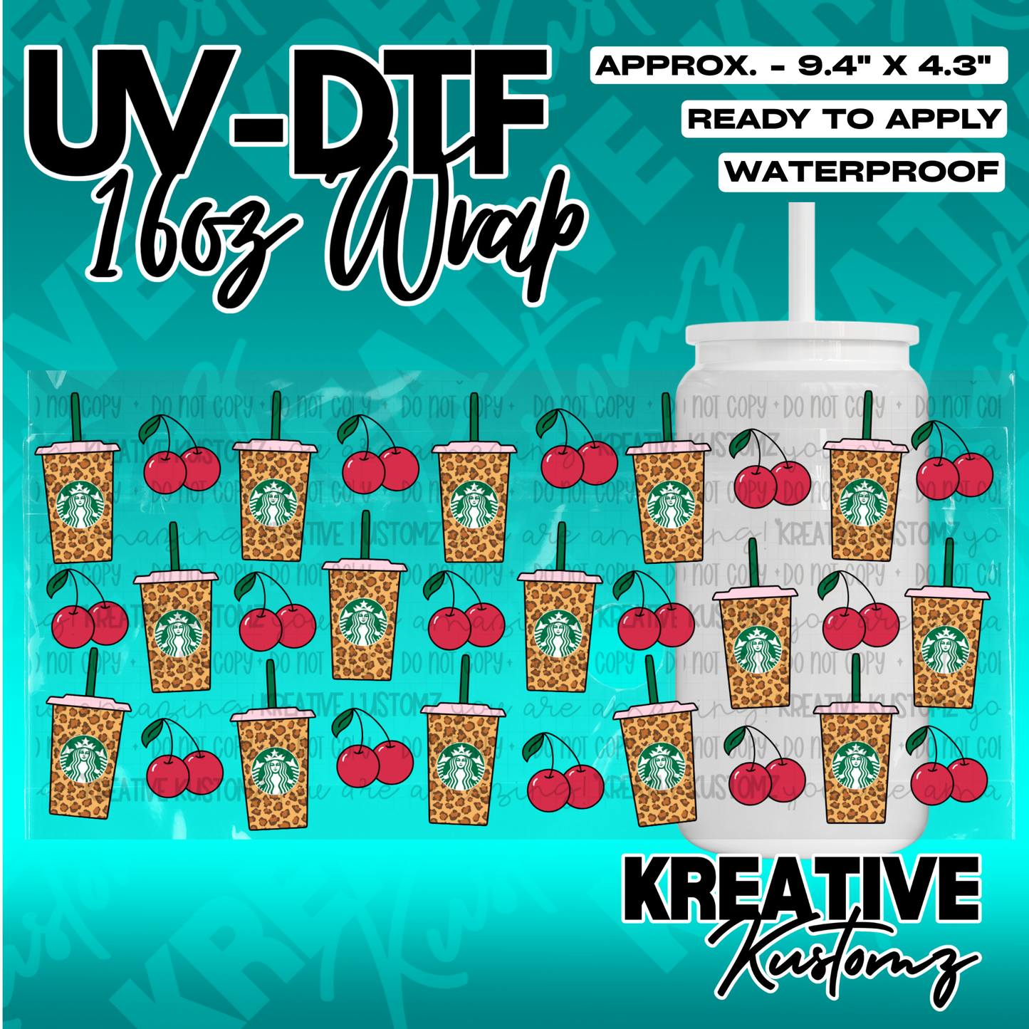A UV DTF adhesive wrap for 16oz glass cups featuring a repeating leopard print cup and cherry pattern.