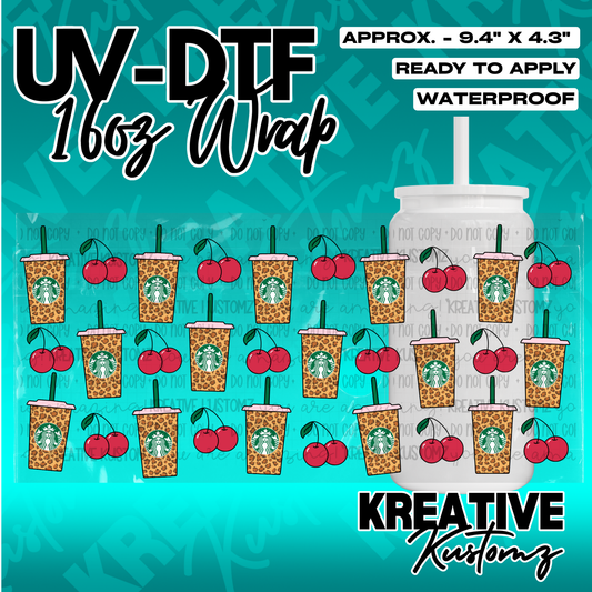 A UV DTF adhesive wrap for 16oz glass cups featuring a repeating leopard print cup and cherry pattern.