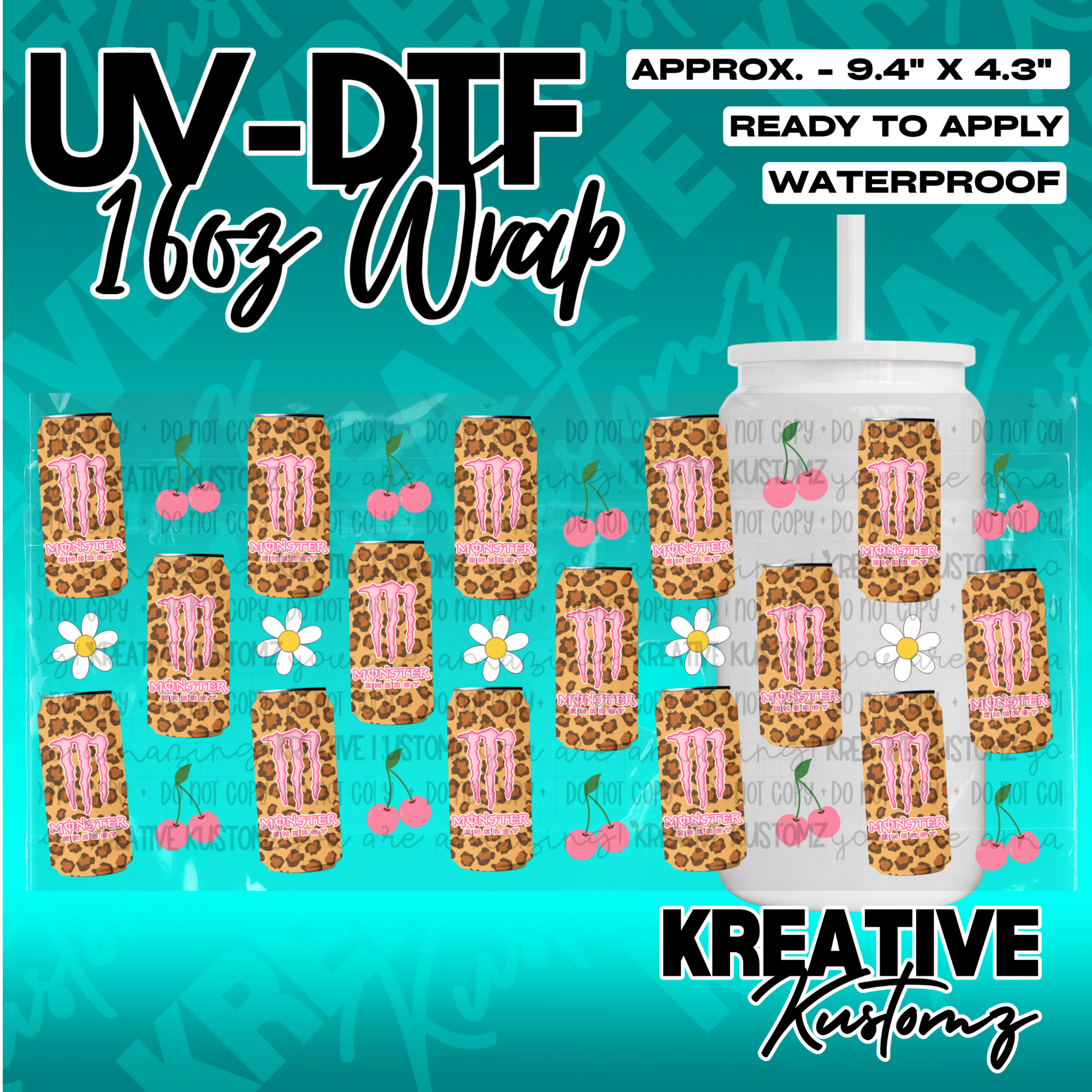 A leopard print UV DTF cup wrap featuring pink Monster logos, cherries, and flowers.