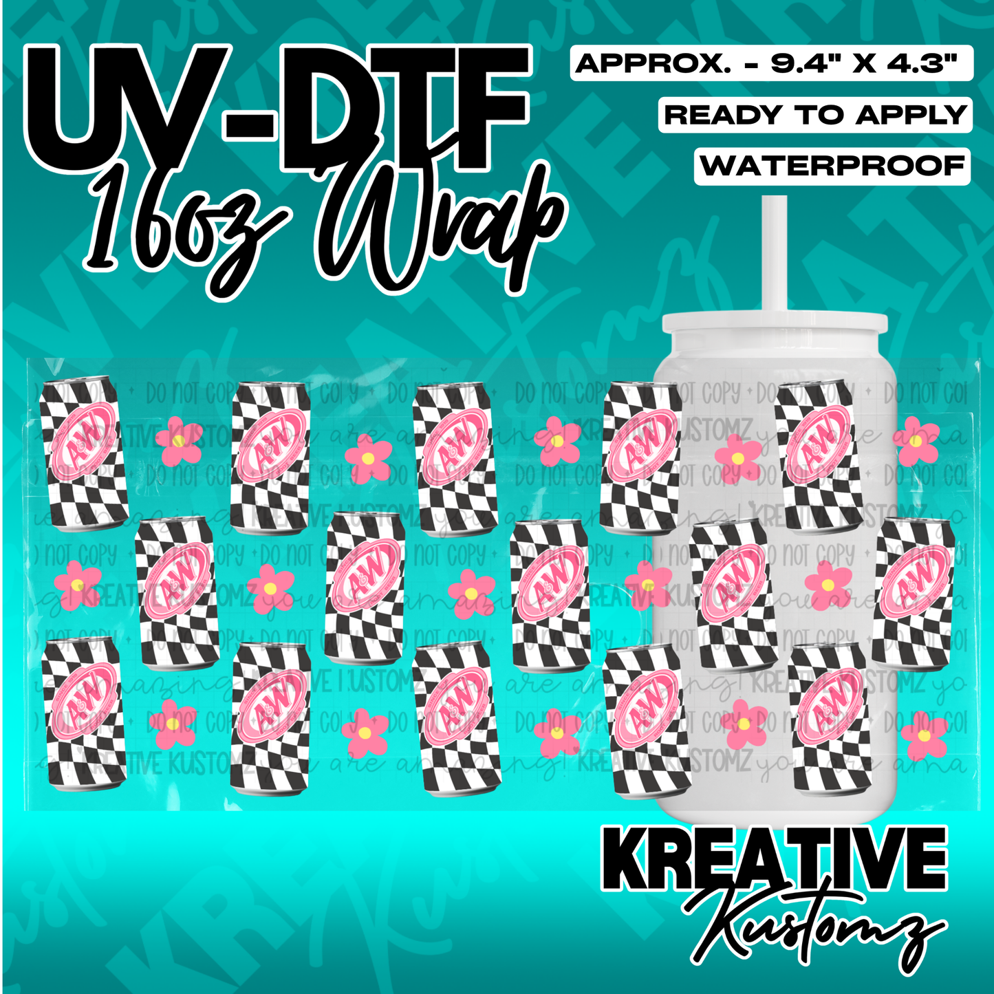 A UV DTF wrap for a 16oz glass cup featuring a pattern of A&W soda cans and pink flowers.