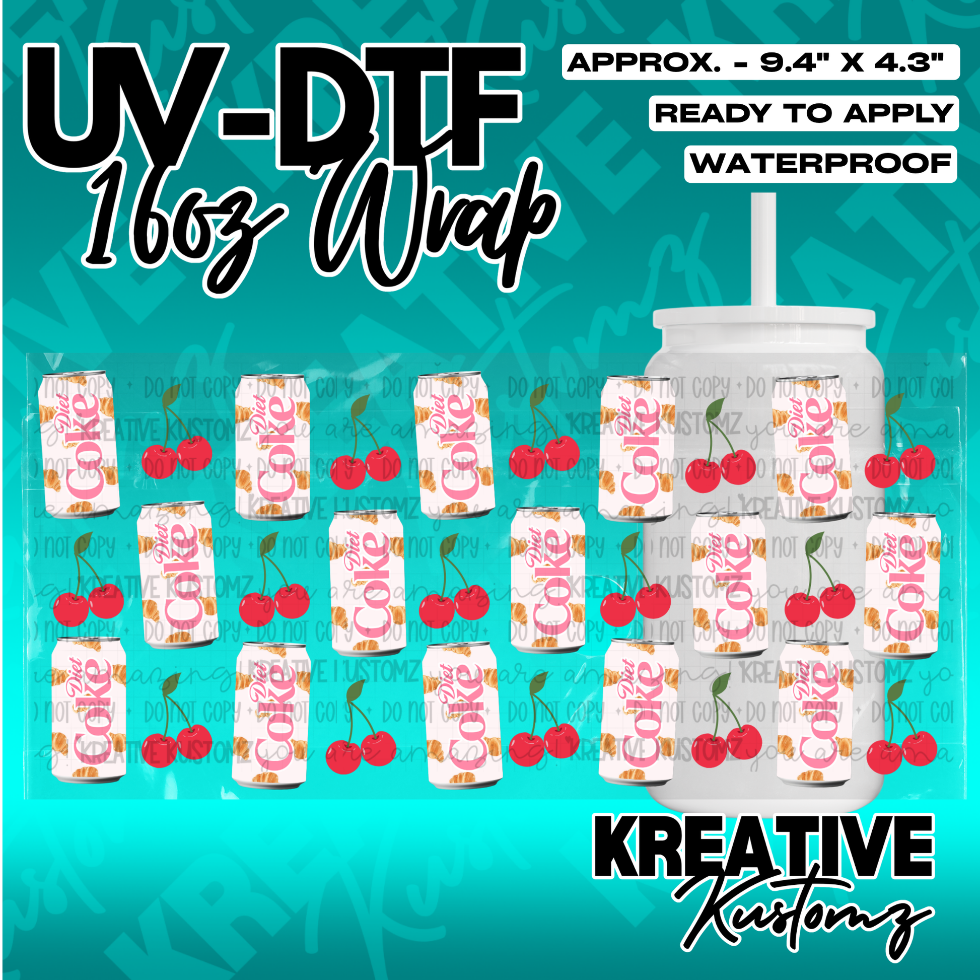 A UV DTF adhesive wrap for 16oz glass cans featuring a repeating Diet Coke and cherry pattern.