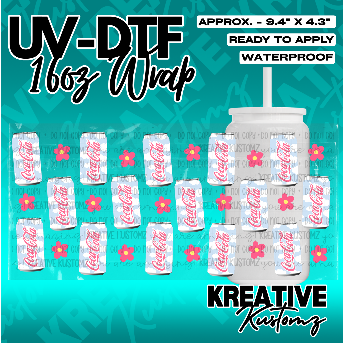 A UV DTF cup wrap featuring a repeating pattern of Coca-Cola cans and flowers on a cloudy sky.