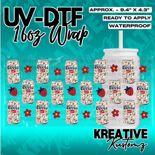 A UV DTF cup wrap featuring a floral pattern with Coors Banquet logos and strawberry icons.