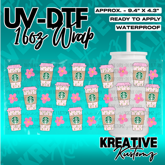 A UV DTF adhesive cup wrap featuring a repeating pattern of coffee cups and pink flowers.
