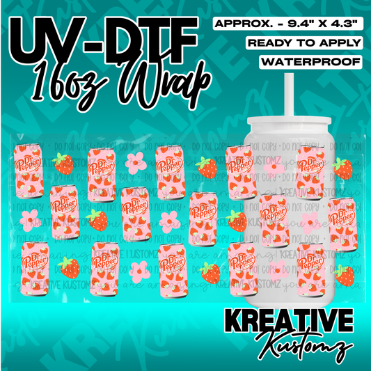 A UV DTF cup wrap featuring a repeating pattern of Dr. Pepper cans and strawberries.