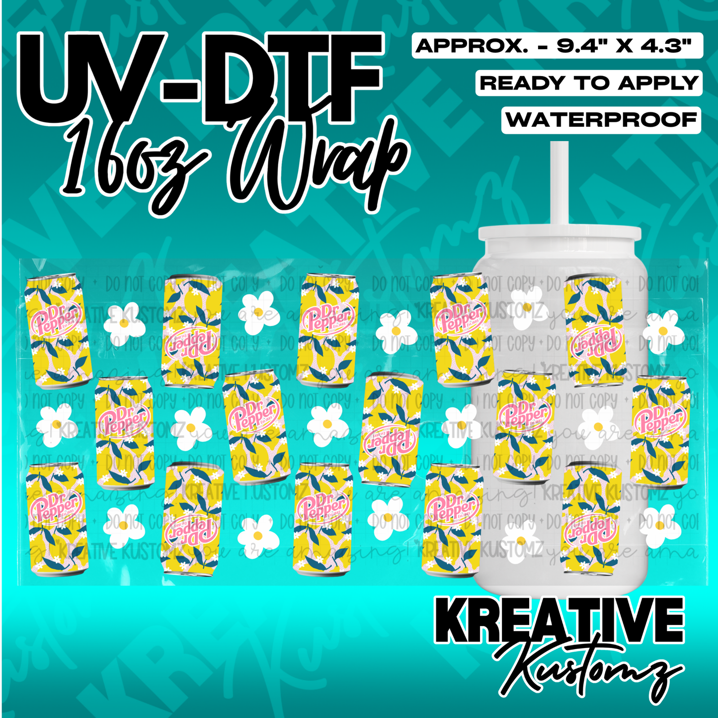 A UV DTF adhesive wrap for 16oz glass cans featuring a pattern of Dr Pepper cans and flowers.