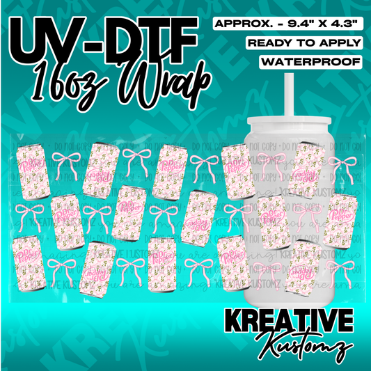 A UV DTF cup wrap featuring a repeating pattern of Dr. Pepper cans, pink bows, and floral motifs.