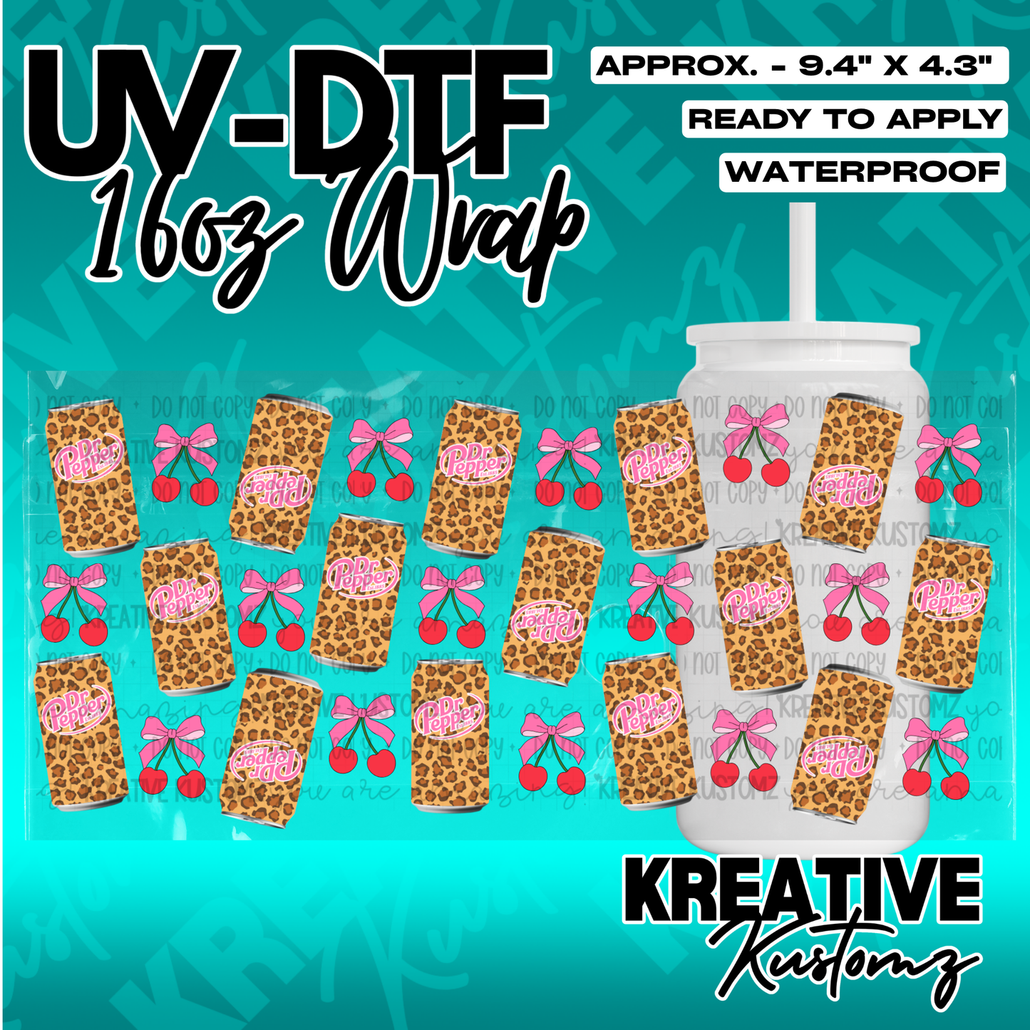 A UV DTF adhesive wrap for 16oz glass cans featuring a leopard print soda can and cherry pattern.