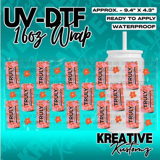 A sheet of UV DTF adhesive wraps featuring a pink floral pattern with Truly Hard Seltzer logos.