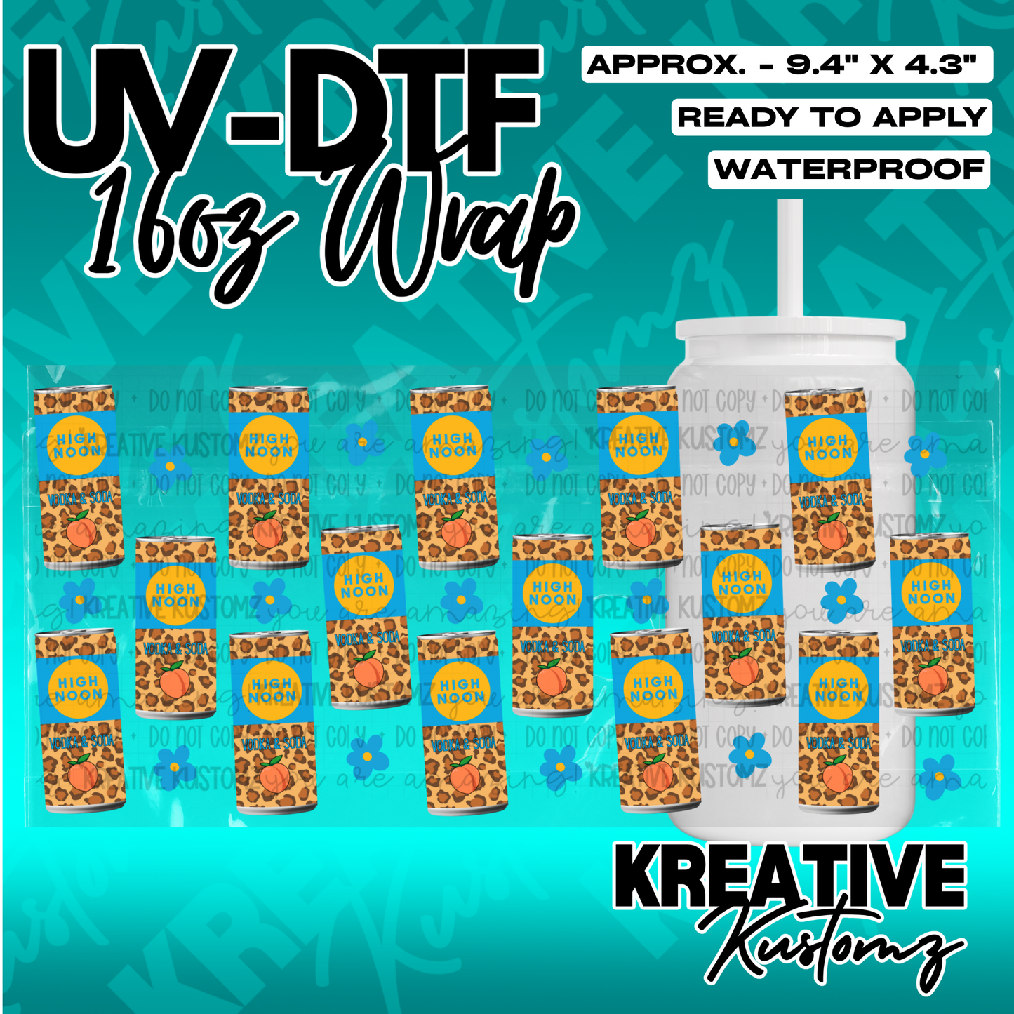 A UV DTF adhesive wrap featuring a leopard print and peach pattern for 16oz glass cans.