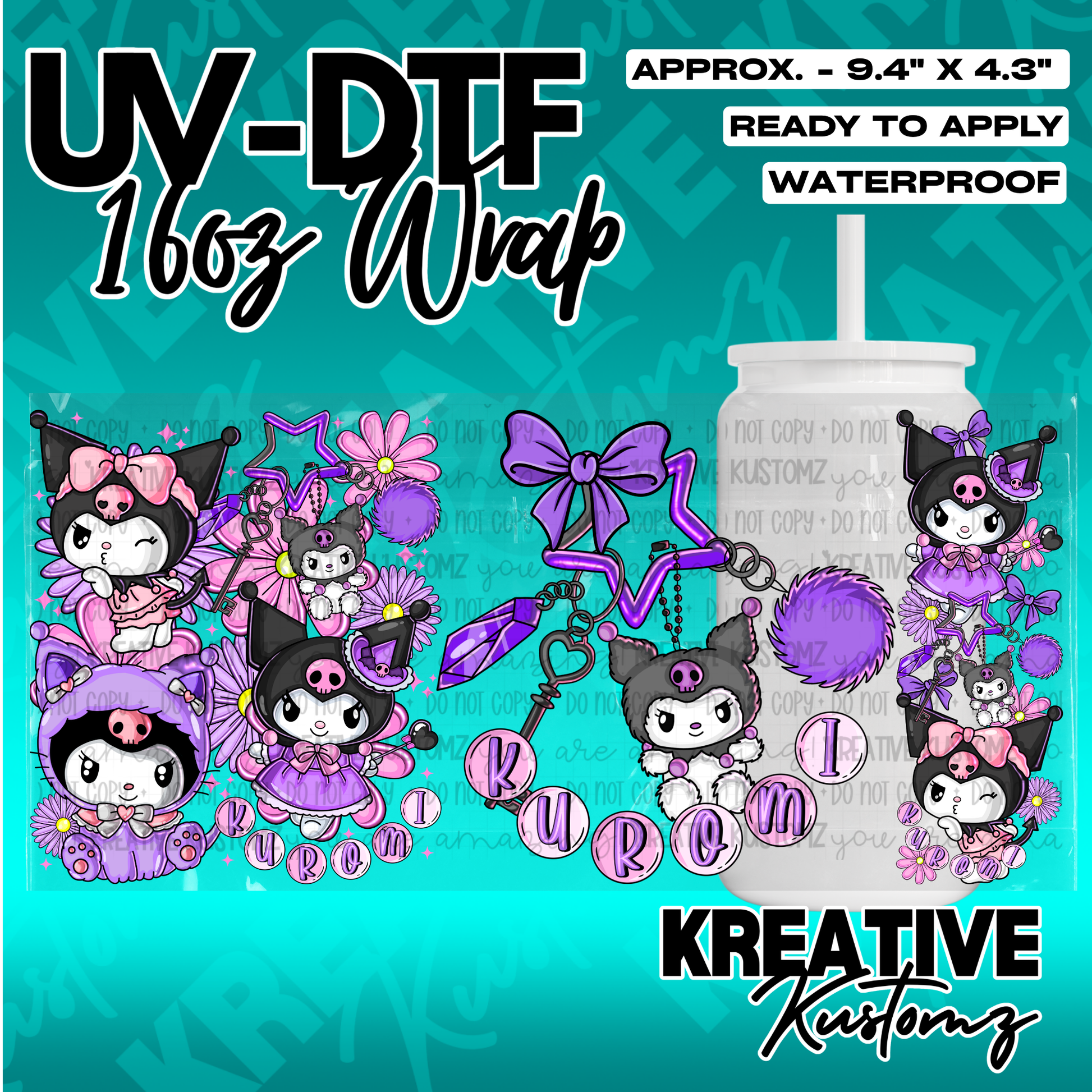 A Kuromi themed UV DTF wrap for a 16oz glass can featuring purple and pink character designs.