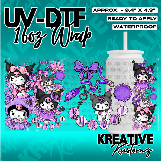 A Kuromi themed UV DTF wrap for a 16oz glass can featuring purple and pink character designs.