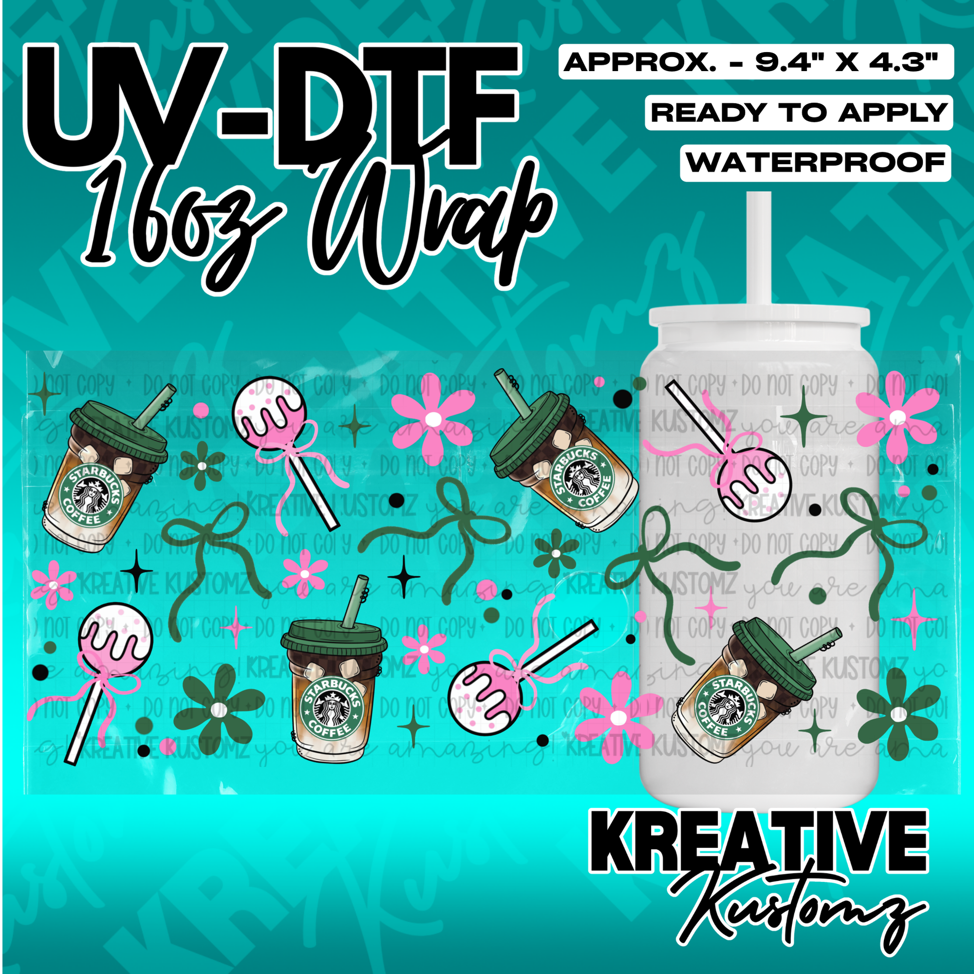 A floral and coffee themed UV DTF adhesive wrap for a 16oz glass can.