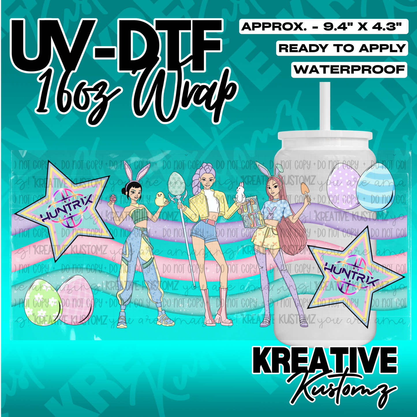 A 16oz UV DTF cup wrap featuring three anime-style characters with Easter eggs and stars.