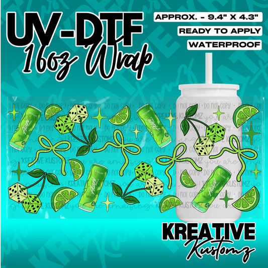 A UV DTF adhesive wrap for 16oz glass cans featuring a lime slush, dice, and bow pattern.
