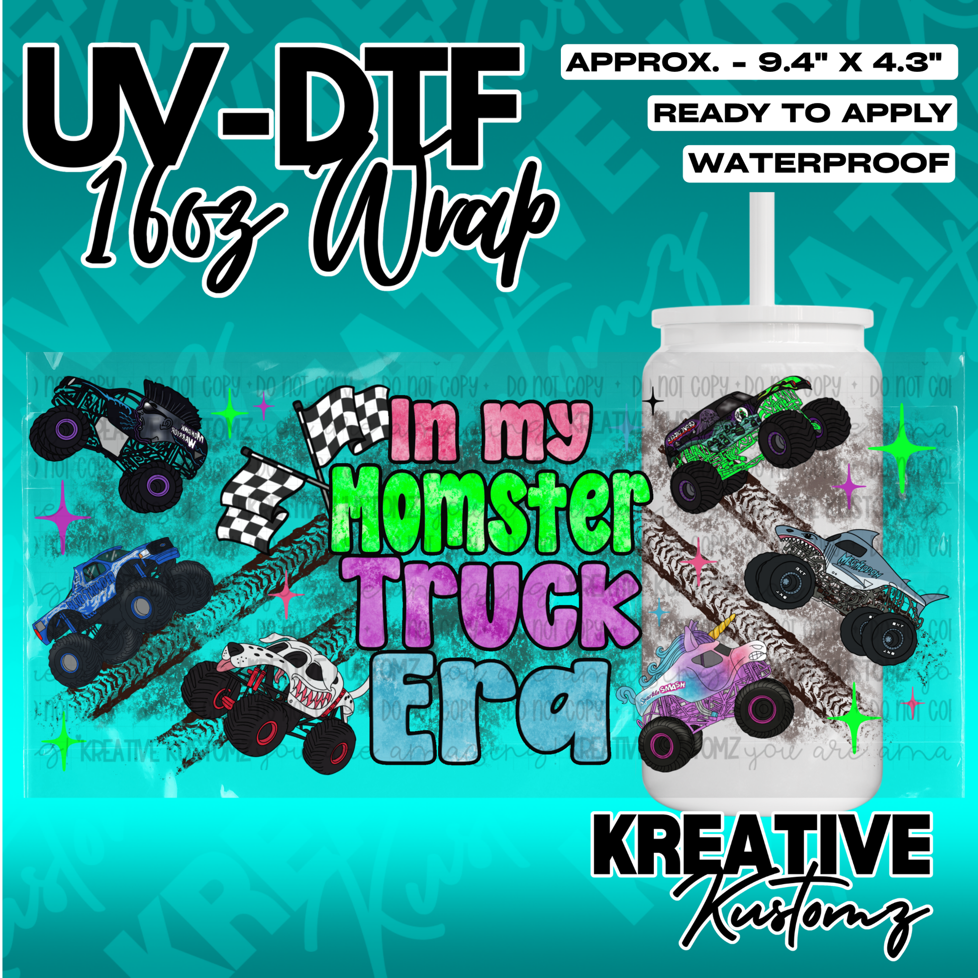 A monster truck themed UV DTF adhesive wrap for a 16oz glass cup.