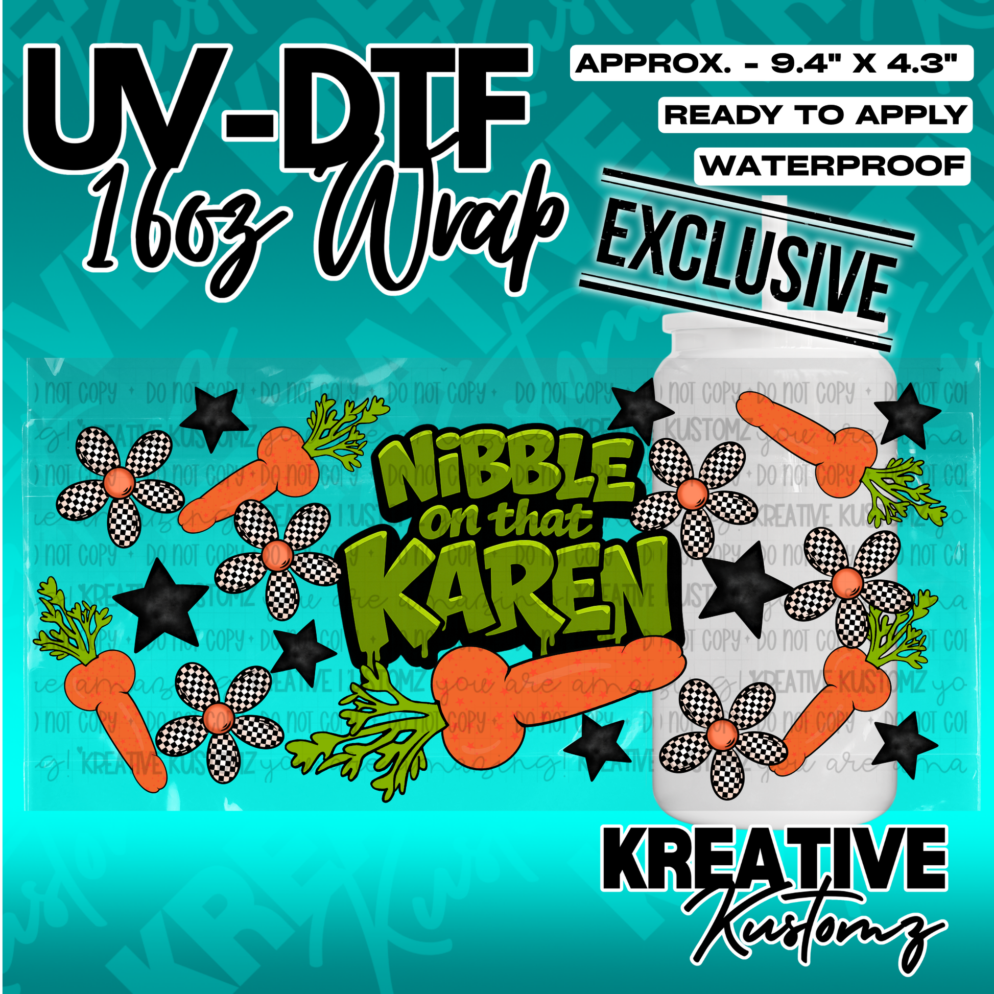 A UV DTF adhesive wrap for 16oz glass cans featuring a floral and carrot design.