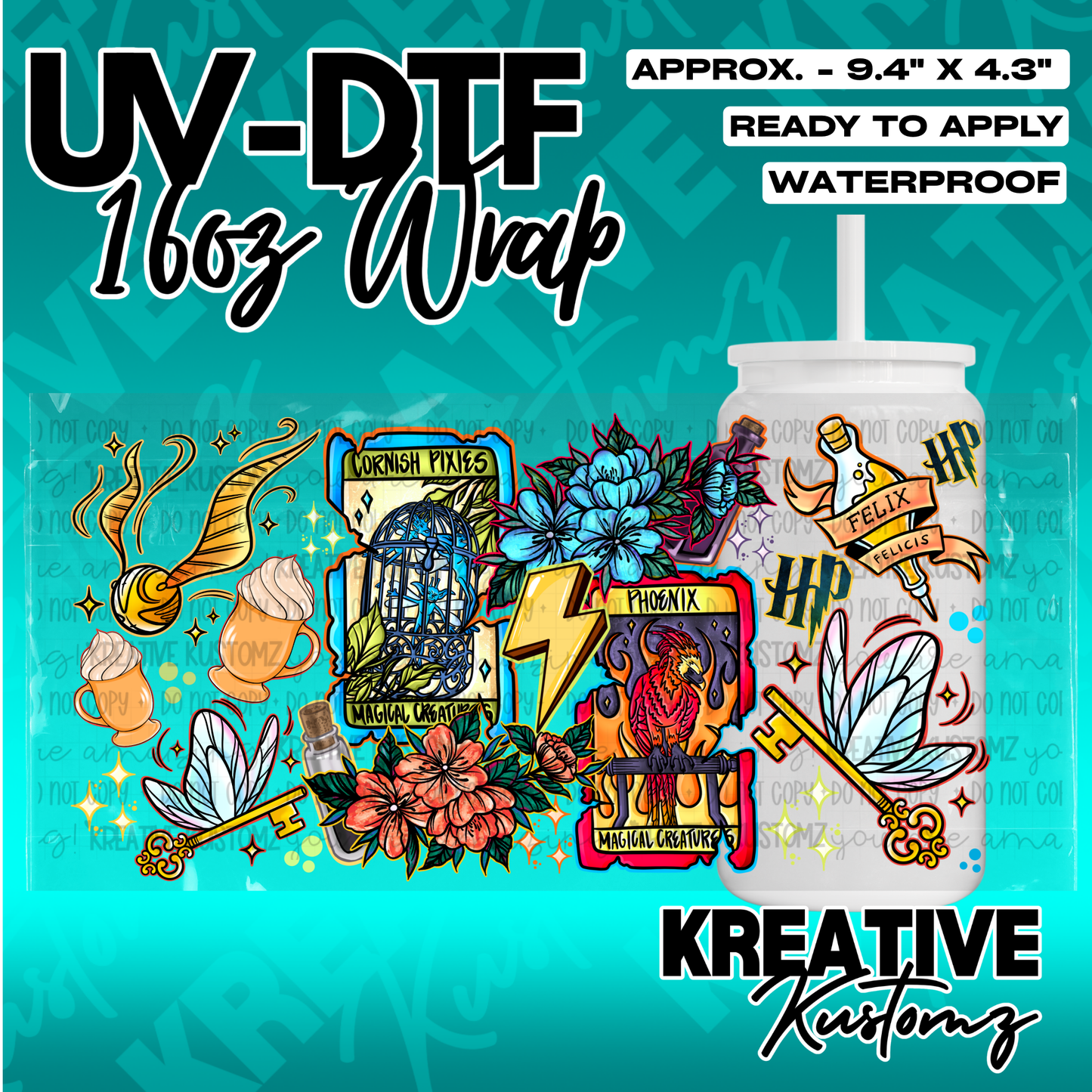 A vibrant adhesive cup wrap featuring magical creature illustrations for 16oz glass cans.