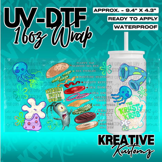 A SpongeBob themed UV DTF cup wrap featuring a Krabby Patty diagram and characters.