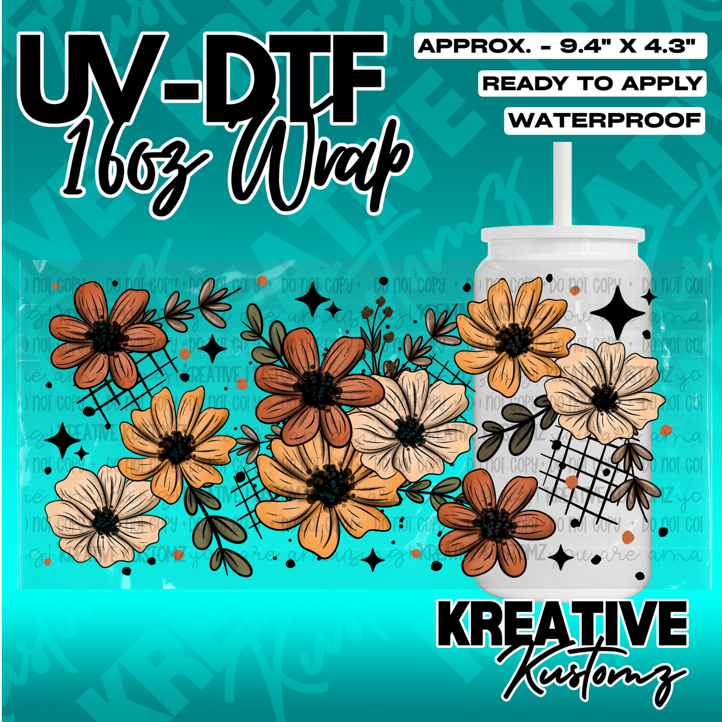 A floral UV DTF adhesive wrap for 16oz glass cans featuring orange and cream flowers.