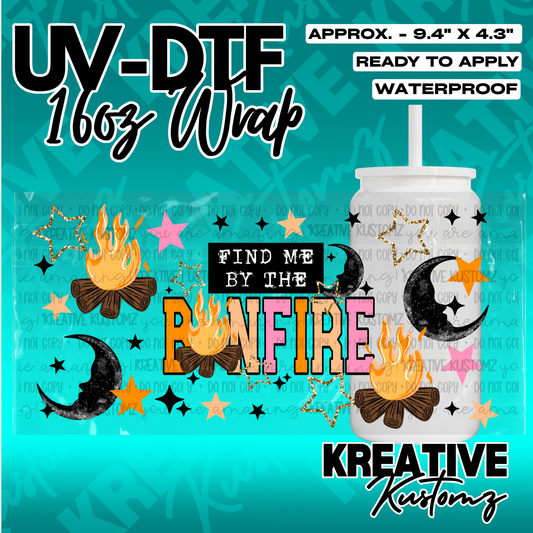 A bonfire themed UV DTF adhesive wrap for 16oz glass cans featuring campfires and moon designs.