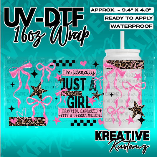 A UV DTF adhesive wrap for a 16oz glass cup featuring pink bows, leopard print, and text.