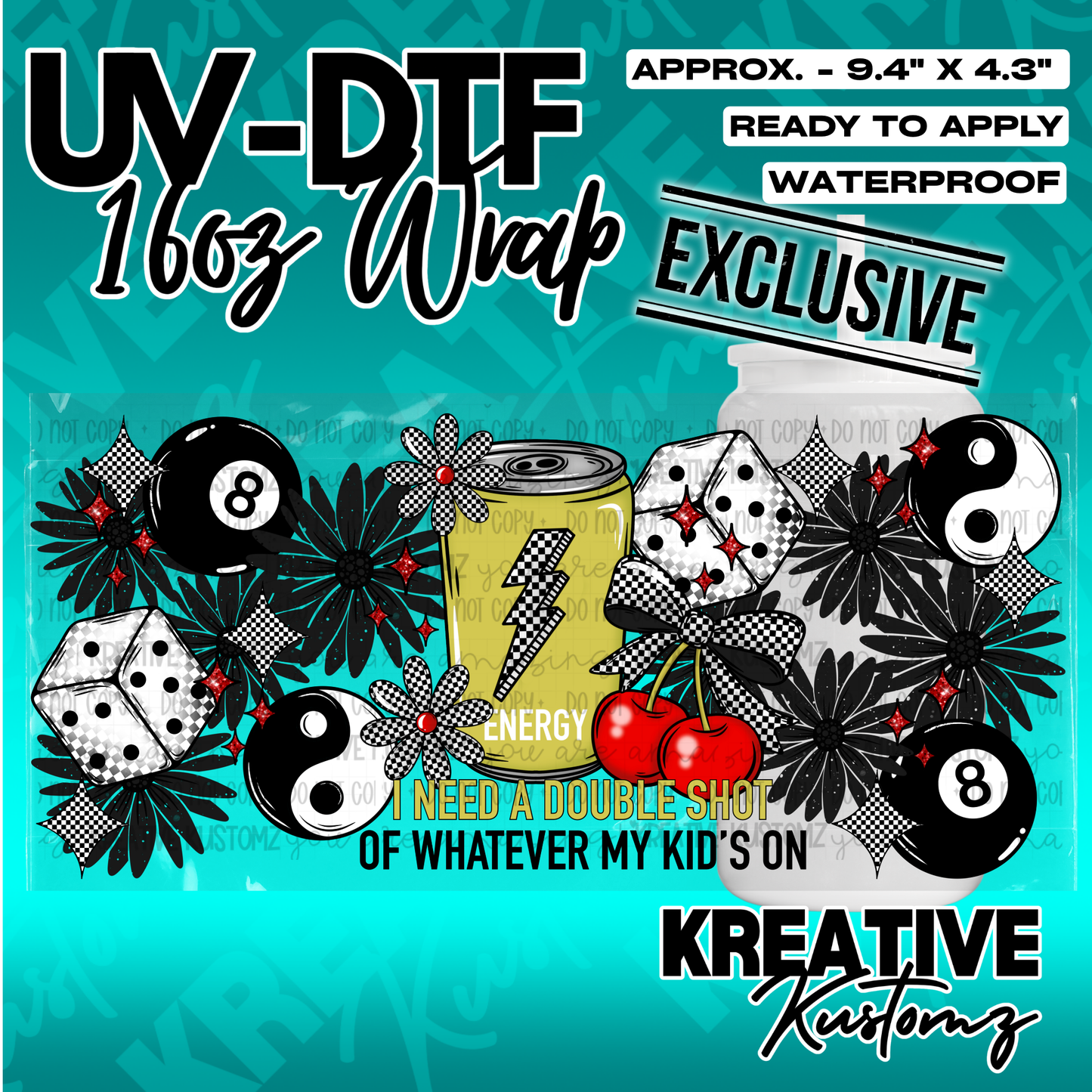 A UV DTF cup wrap featuring dice, cherries, yin-yang symbols, and an energy drink graphic.