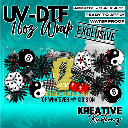 A UV DTF cup wrap featuring dice, cherries, yin-yang symbols, and an energy drink graphic.