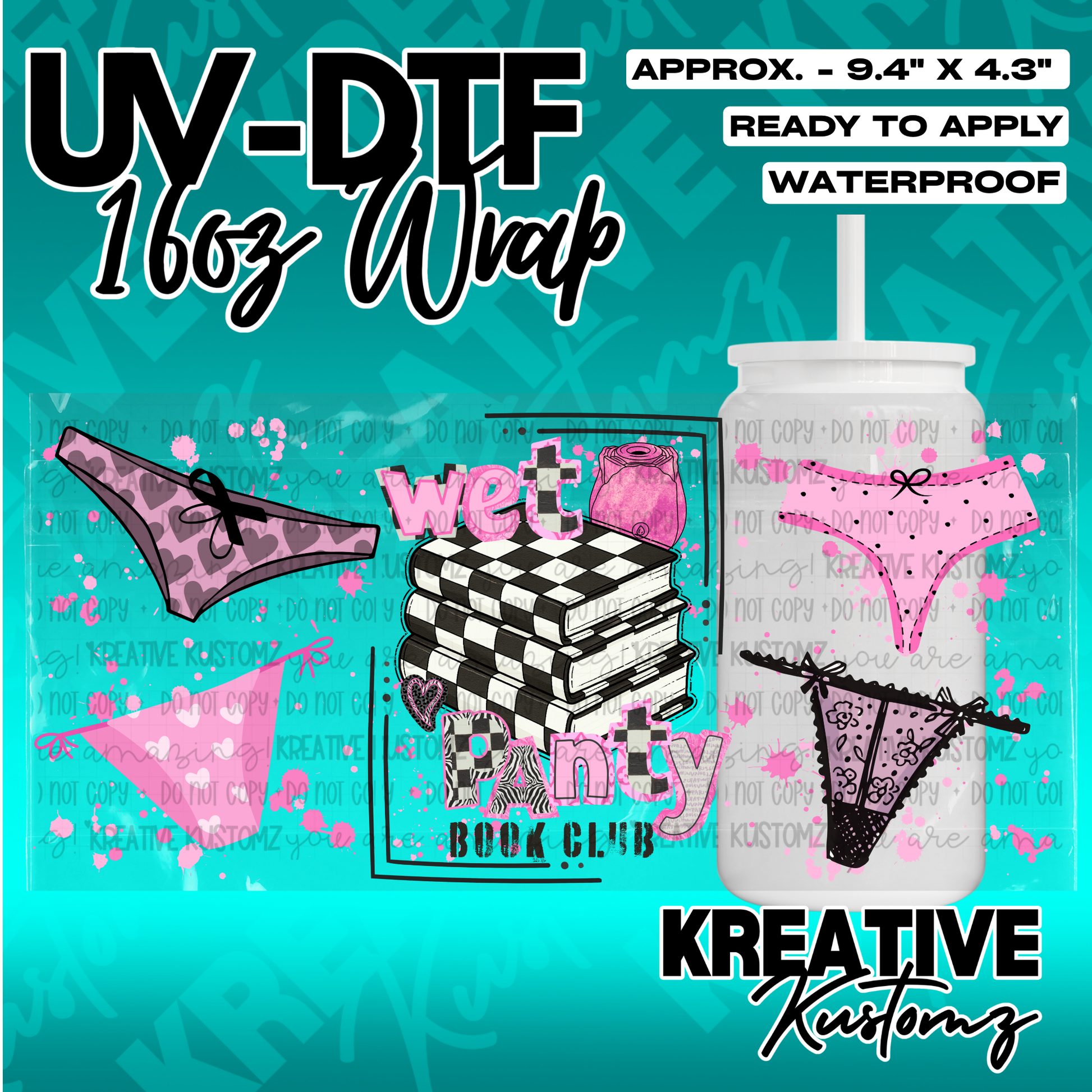 A UV DTF adhesive wrap for 16oz glass cans featuring a book club theme with pink lingerie designs.