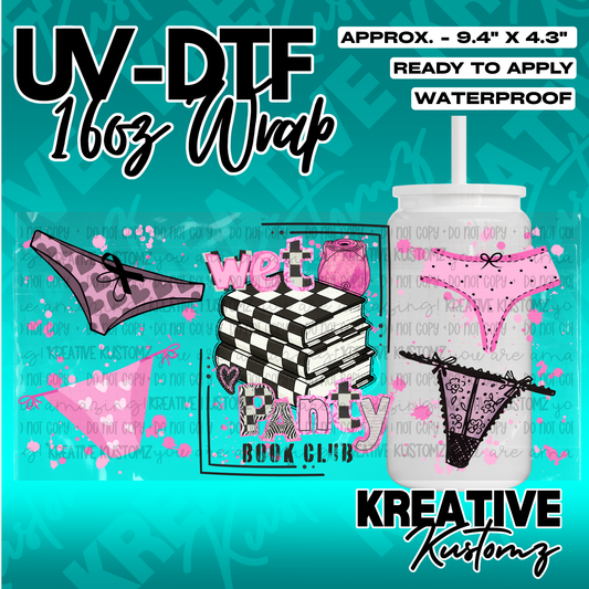 A UV DTF adhesive wrap for 16oz glass cans featuring a book club theme with pink lingerie designs.
