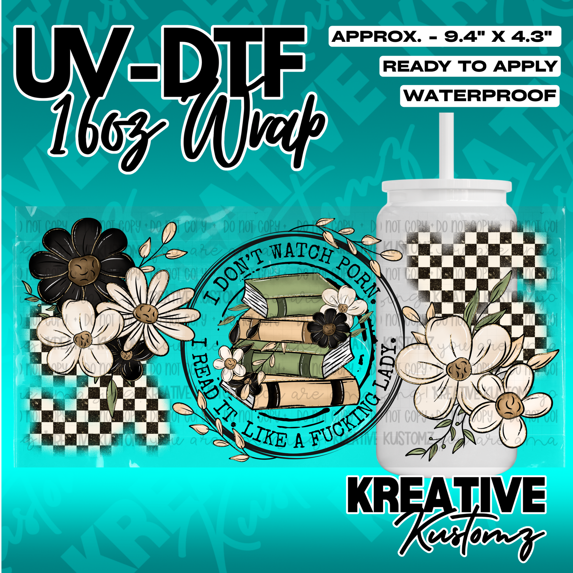 A UV DTF cup wrap featuring a stack of books, flowers, and a checkered pattern.