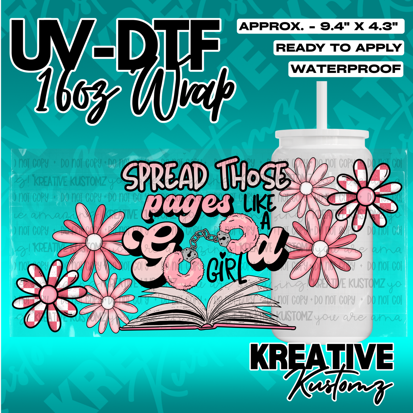 A pink and black floral UV DTF adhesive wrap for a 16oz glass cup with a book and handcuff design.