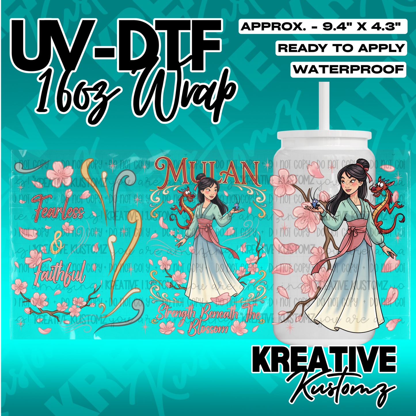 A Mulan themed UV DTF adhesive wrap for a 16oz glass cup featuring floral and dragon designs.