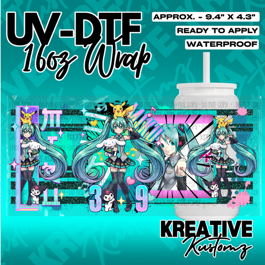 A vibrant UV DTF adhesive wrap featuring Hatsune Miku, Pikachu, and Kuromi for 16oz glass cans.