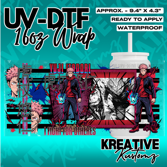 A UV DTF adhesive wrap for 16oz glass cans featuring Yuji Itadori from Jujutsu Kaisen.